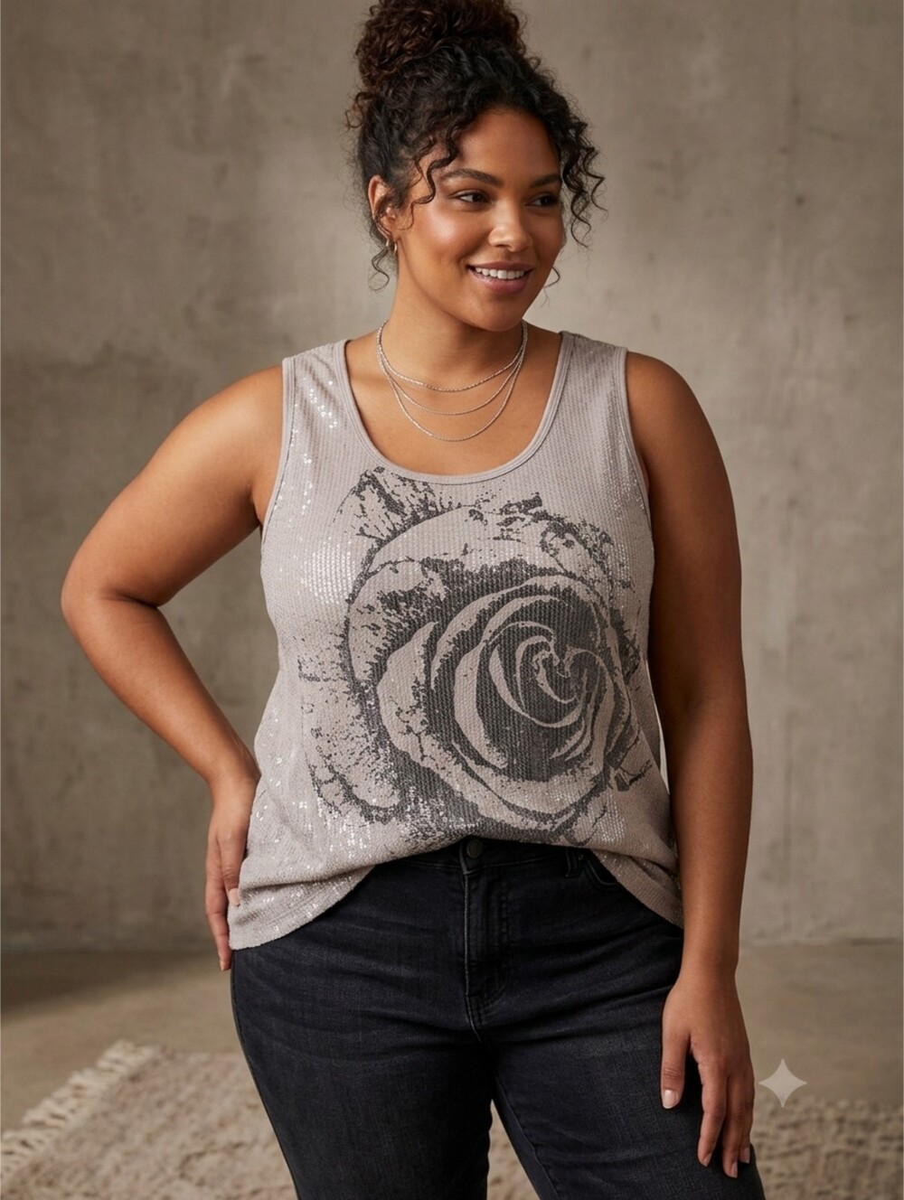 Woman's Plus Size Shimmering Sequined Graphic Rose Tank Top